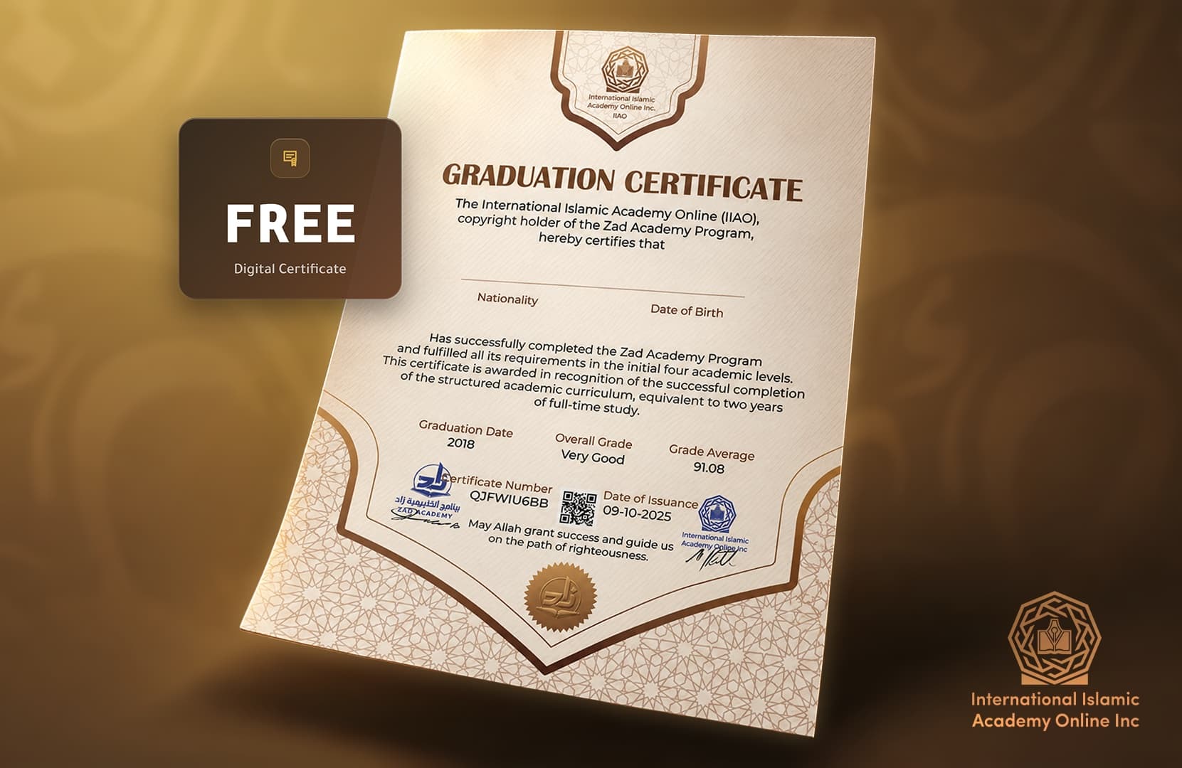 Sample Zad Academy Graduation Certificate, free digital version